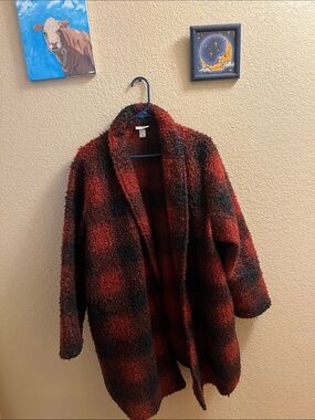 Ava & Viv Red and Black Plaid Teddy Coatigan